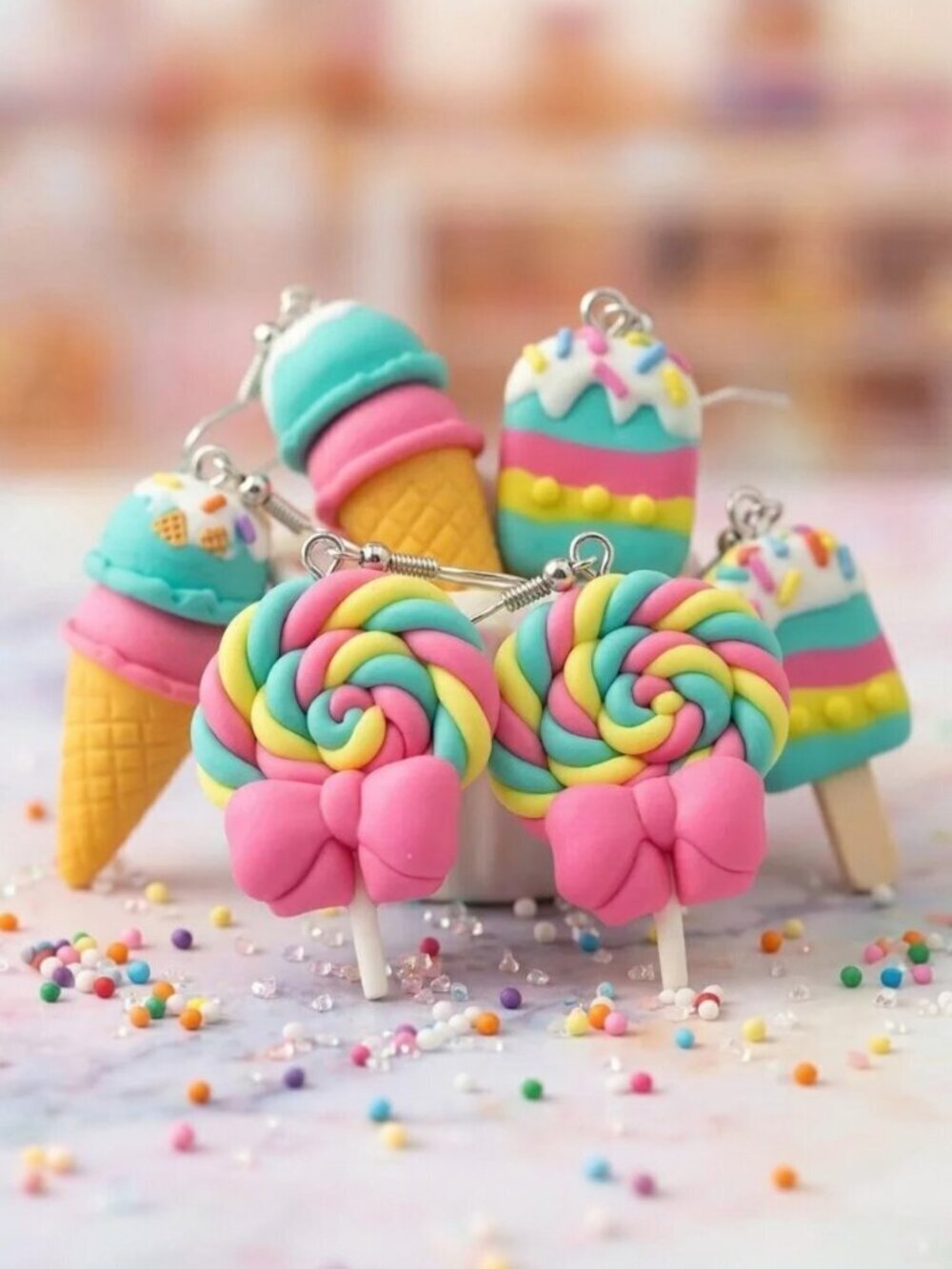 Resin Ice Cream Popsicle Lollipop Kawaii Food Dangle Earrings Set 3 Pair 2.55"